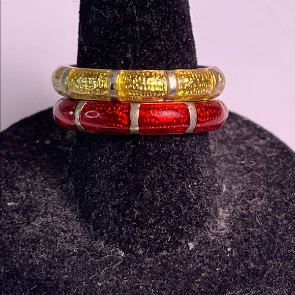 Erwin Pearl Jewelry - Vintage Erwin Pearl Red and Yellow Enamel Bamboo Rings Size 8
